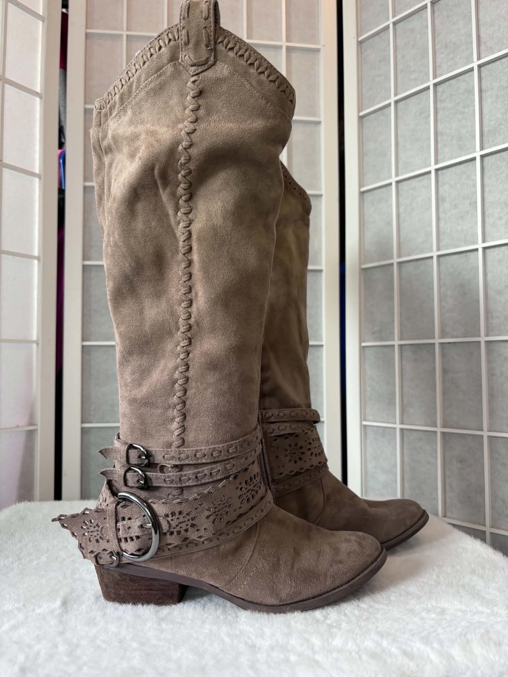Not Rated Taupe Suede-Look Western Knee-High Boots with Buckle Straps